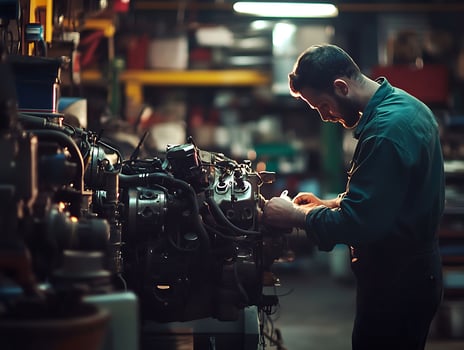 mechanic inspecting car engine in repair garage photo