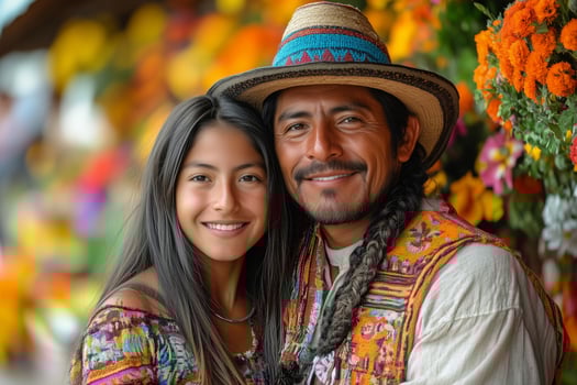 a family enjoying Feria de las Flores, dressed in traditional Colombian attire photo