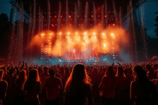 festivalgoers enjoying a live concert, with a brightly lit stage and vibrant lighting effects, the energy of the crowd photo