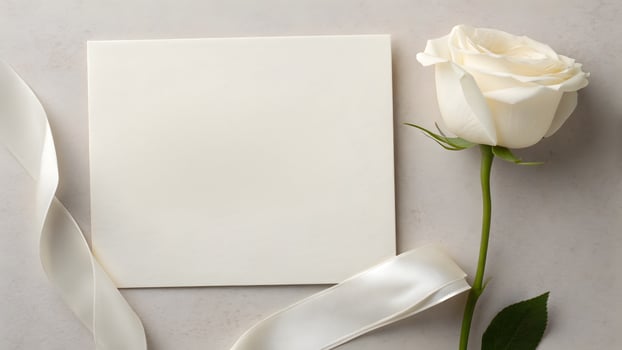 Blank ivory card with white rose and satin ribbon on light background. photo
