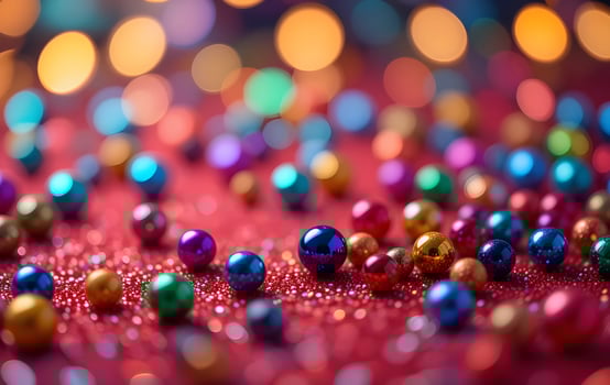 Festive Sparkling Beads on Red with Warm Bokeh Lights photo