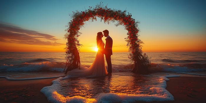 a sunset wedding by the beach, the couple standing under a driftwood arch decorated with flowers, waves gently rolling in photo