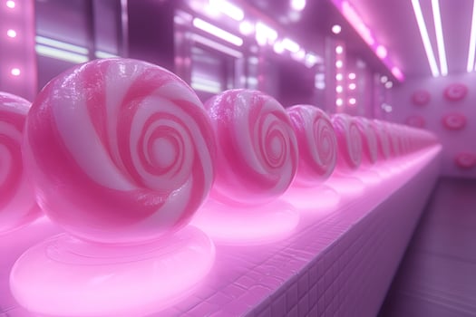 Futuristic Pink Candy Store Display with Illuminated Lollipop Decor photo