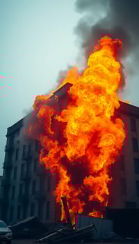 large building with a lot of fire coming out of it photo