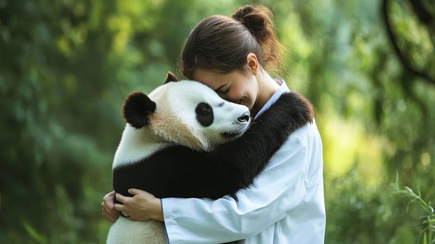 Young woman in white lab coat embraces a giant panda in a lush green environment, showcasing a heartwarming bond between human and animal in a serene natural setting photo