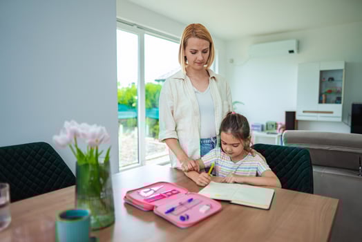 Mom and daughter learning together at home photo