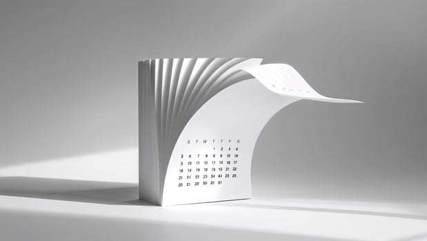 Creative desk calendar design showcasing pages turning in a stylish arrangement with a subtle gray background photo