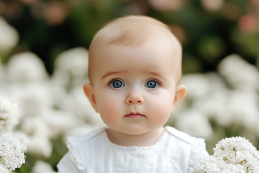 Adorable Baby Girl Portrait in a Flower Garden photo