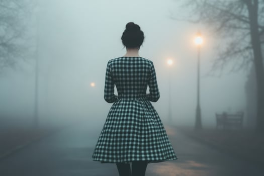 Woman in Plaid Dress Walking Through Foggy City Street at Night photo
