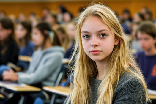 Teenage Girl in Classroom Focused and Attentive Student Portrait photo