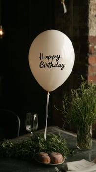 Birthday celebration with a white balloon and fresh greenery on a rustic table setting photo