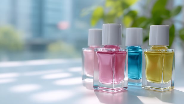 Four nail polish bottles, pastel colors, on a table, blurred city background photo