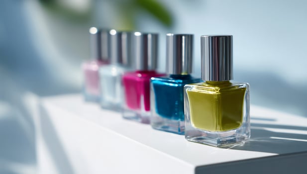 A row of nail polish bottles on a white table photo
