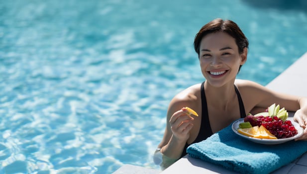 Woman smiles at camera while eating fruit by pool photo