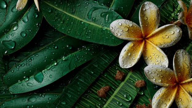 Vibrant Tropical Leaves and Frangipani Flowers with Raindrops on Lush Green Background photo