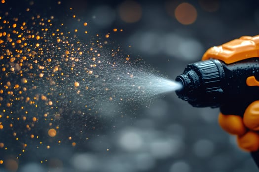 Gardener spraying water on plants with orange sprayer in garden photo