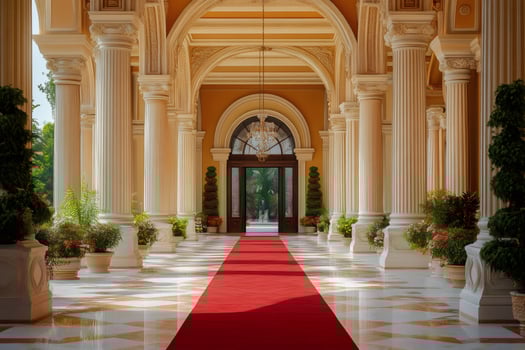 Elegant colonnade with red carpet leading to grand entrance photo