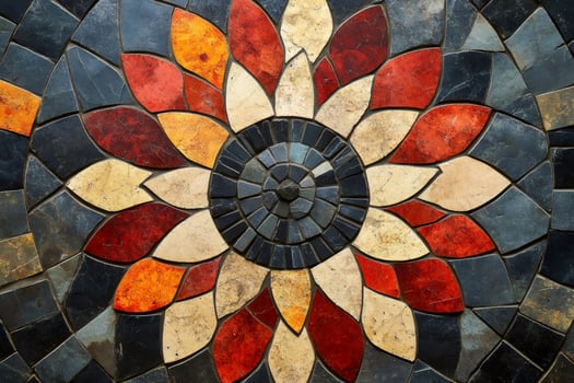 Colorful mosaic tiles forming flower pattern on decorative surface photo