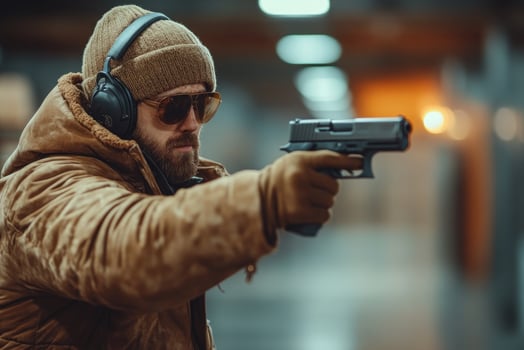 Bearded man wearing ear protection and sunglasses shooting with handgun in indoor shooting range photo