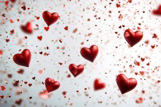 Red hearts falling on a white background with red confetti photo