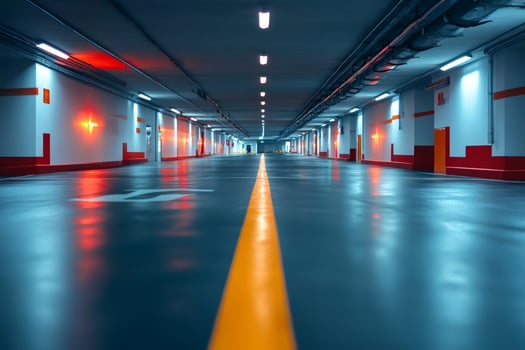 Empty underground parking lot with orange stripe guiding line photo