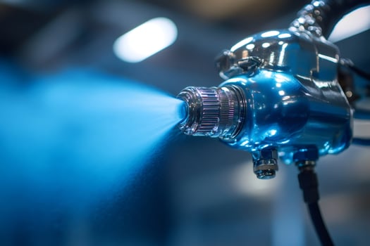 Industrial equipment spraying blue mist in modern factory photo