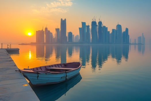 Sunrise over doha skyline with traditional dhow boat in the foreground photo