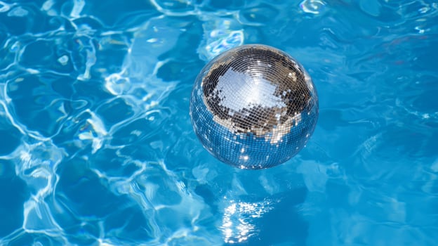 A silver ball floating in a pool of water photo