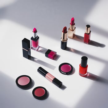 Colorful makeup collection displayed in soft light on a white surface featuring various lipsticks and cosmetics photo