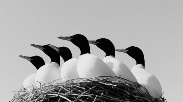 A group of ducks in a nest with a black and white photo