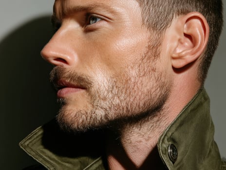 Side profile of a person with short hair and stubble beard, wearing a high-collared olive jacket. The lighting emphasizes facial features, casting a soft shadow on the other side photo