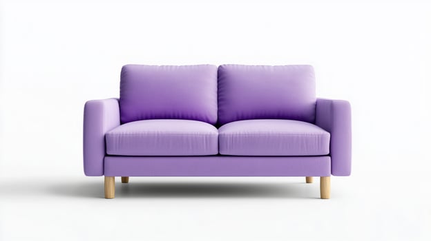 A purple couch with wooden legs on a white background photo