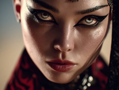 Intense gaze of a person with striking eye makeup and sharp eyeliner, exploring intense expressions with a focused, mysterious, and dramatic look. Bold red lips accentuate the overall presence photo