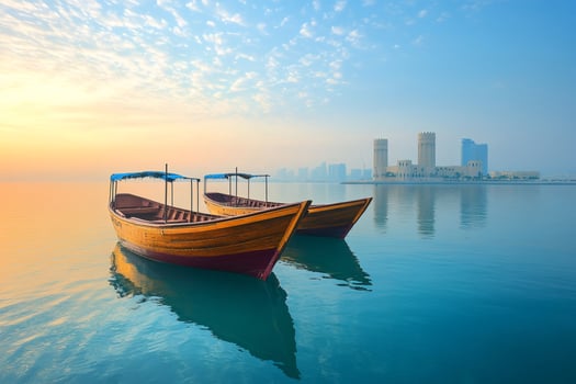 Traditional dhow boats floating on calm water during sunrise in doha, qatar photo