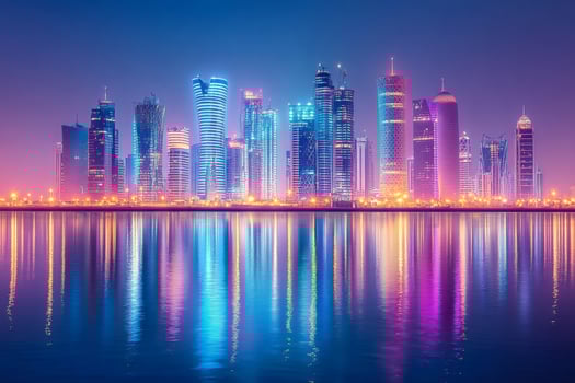 Doha skyline reflecting at dusk, qatar's modern metropolis photo