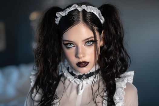 Young woman with striking blue eyes and dark lipstick wears ruffled attire, lace headband, and choker, styled in dark curly twin ponytails, gazing intensely at the camera photo