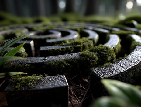 Moss-covered stone labyrinth in a forest setting, captured in close-up, with sunlight filtering through trees. Lush greenery and soft focus create an enchanting, mystical atmosphere photo