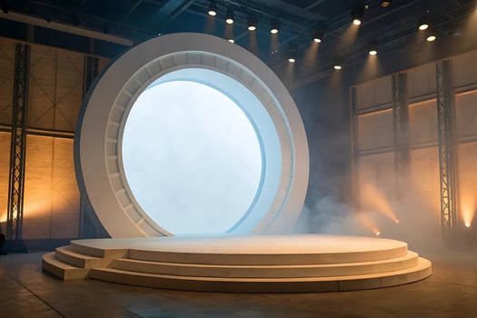 a stage with a large circular stage in front of a large white circle photo