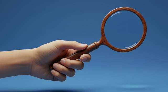 A person holding a magnifying glass over a blue background photo