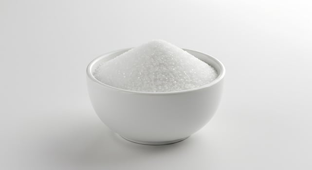 A white cup filled with sugar on a white background photo