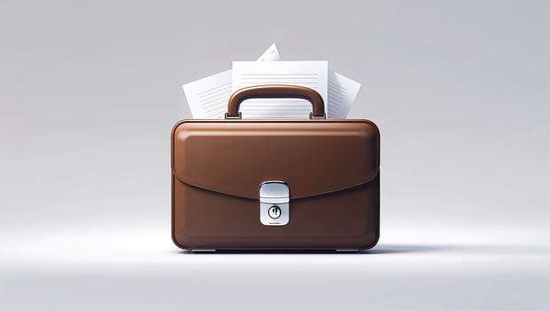 Brown leather briefcase with documents on a gray background showcasing professionalism and organization in a business context photo