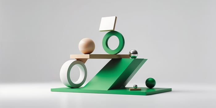 Artistic arrangement of geometric shapes on a green base showcasing balance and composition in a minimalistic design setting photo