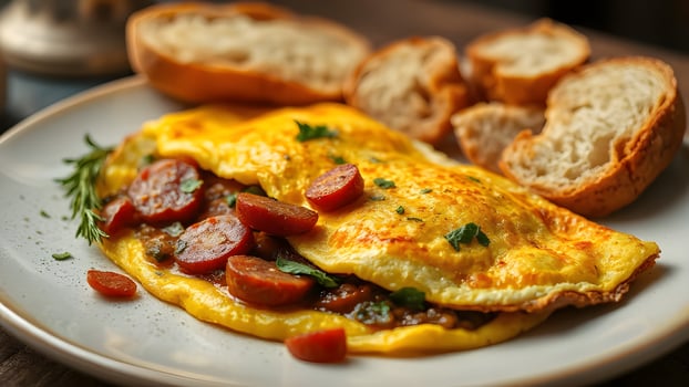 Delicious Omelette with Sausage and Toasted Bread photo