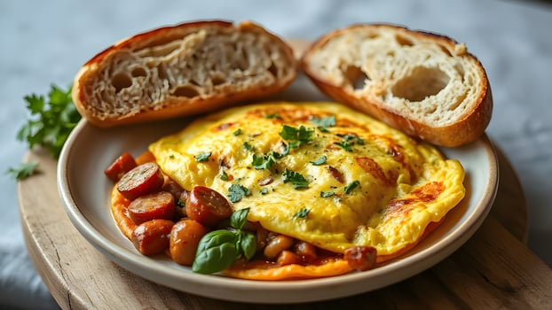Delicious Omelette with Sausage and Bread photo