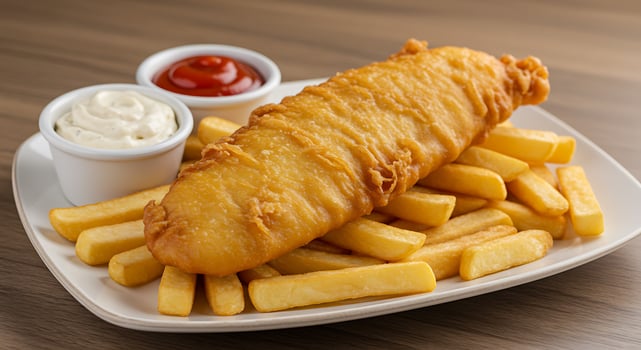 Fish and chips on a white plate photo