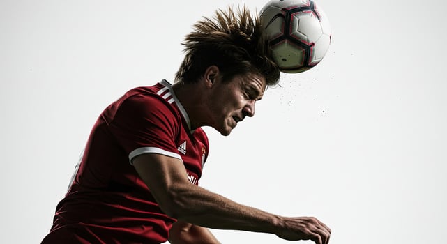 Intense soccer player heading a ball with determination and focus against white background. photo