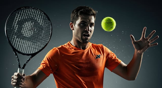 Intense tennis player with racket and ball in action ready to hit photo