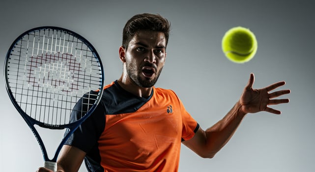 Intense tennis player with racket ready to hit ball on neutral background photo