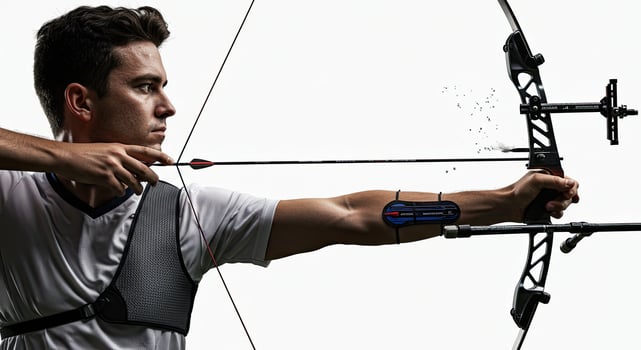 Male archer aiming with bow and arrow in a sports competition setting photo