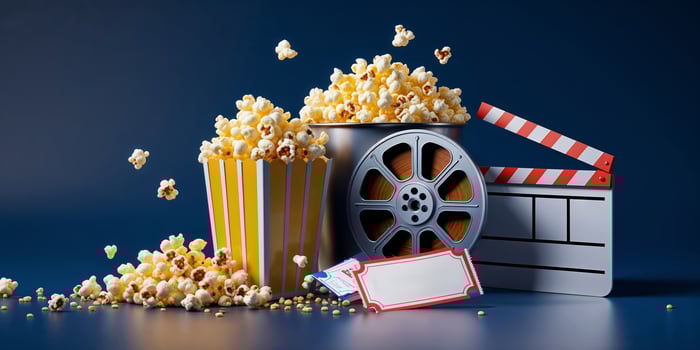 Interactive movie night setup with popcorn, film reel, and clapperboard in a cozy atmosphere photo